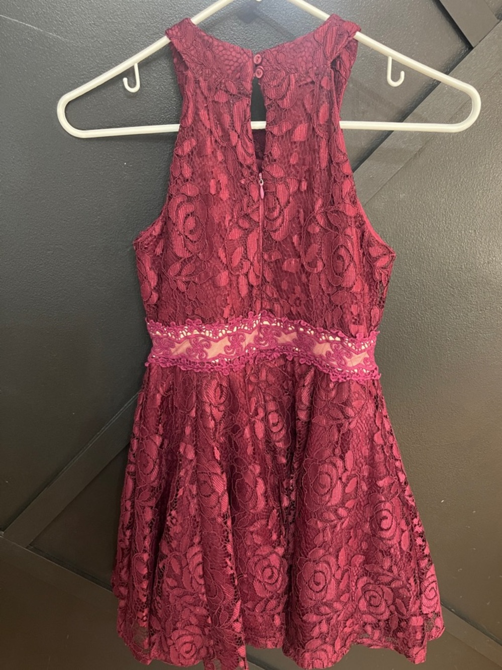 Beautees Burgundy Lace Halter Dress with Embroidered Waistband - Picture 2 of 4